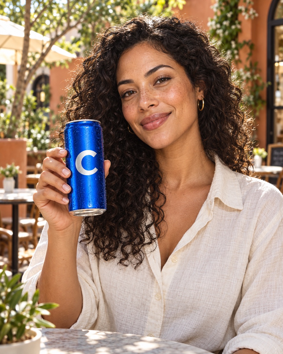 AI creator concept holding the same blue citrus product