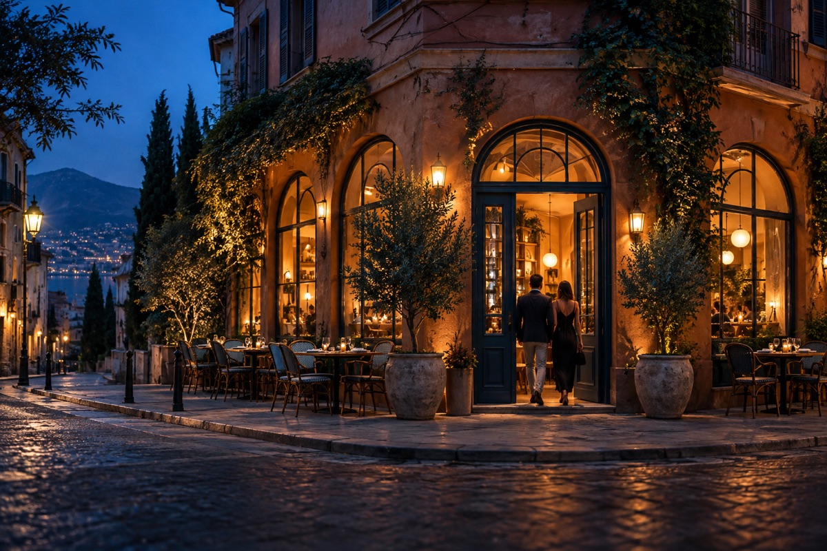 AI local-business campaign concept: a welcoming café at blue hour