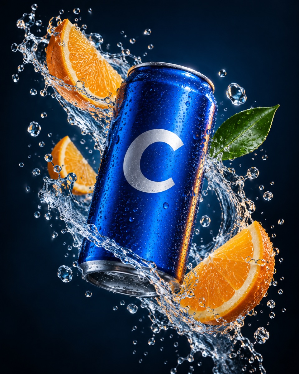 AI campaign concept: blue citrus drink can with a sculptural splash