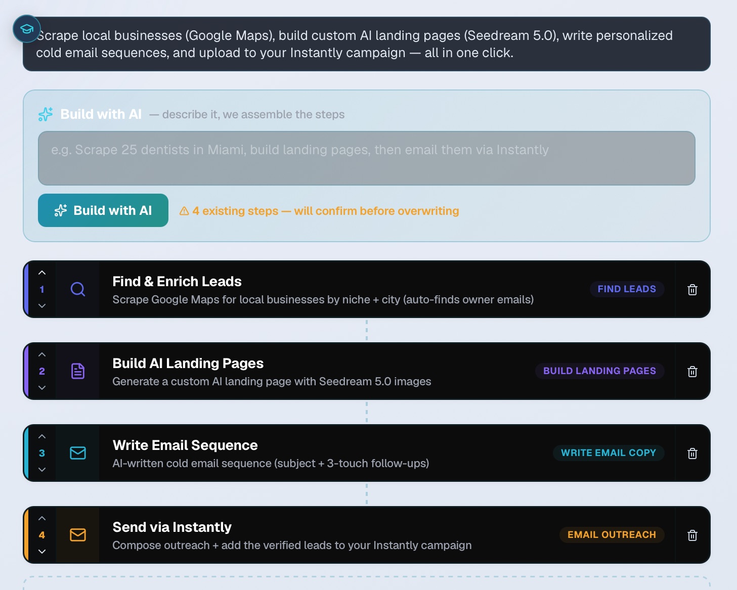 Clawza workflow connecting landing pages, email copy and Instantly